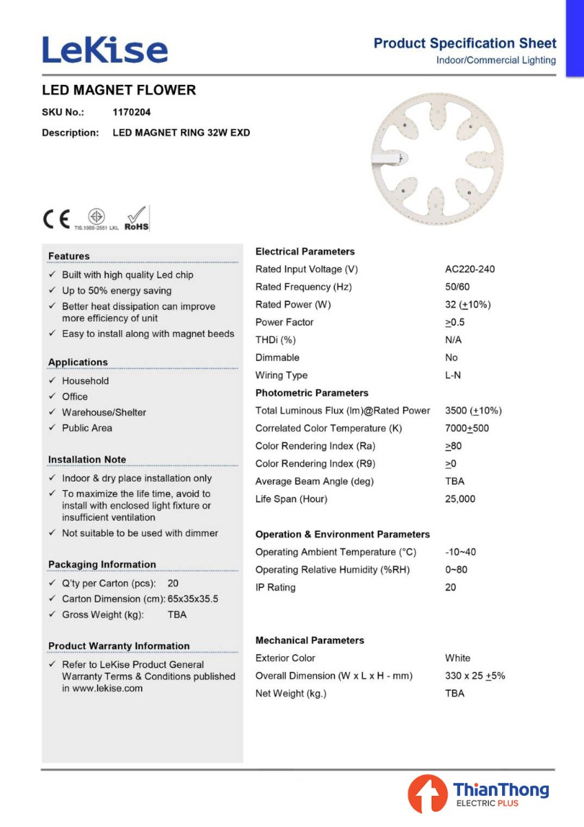 Lekise แผงไฟโคมซาลาเปา กลม เลคิเซ่ LED Magnet 32W Daylight 7000K