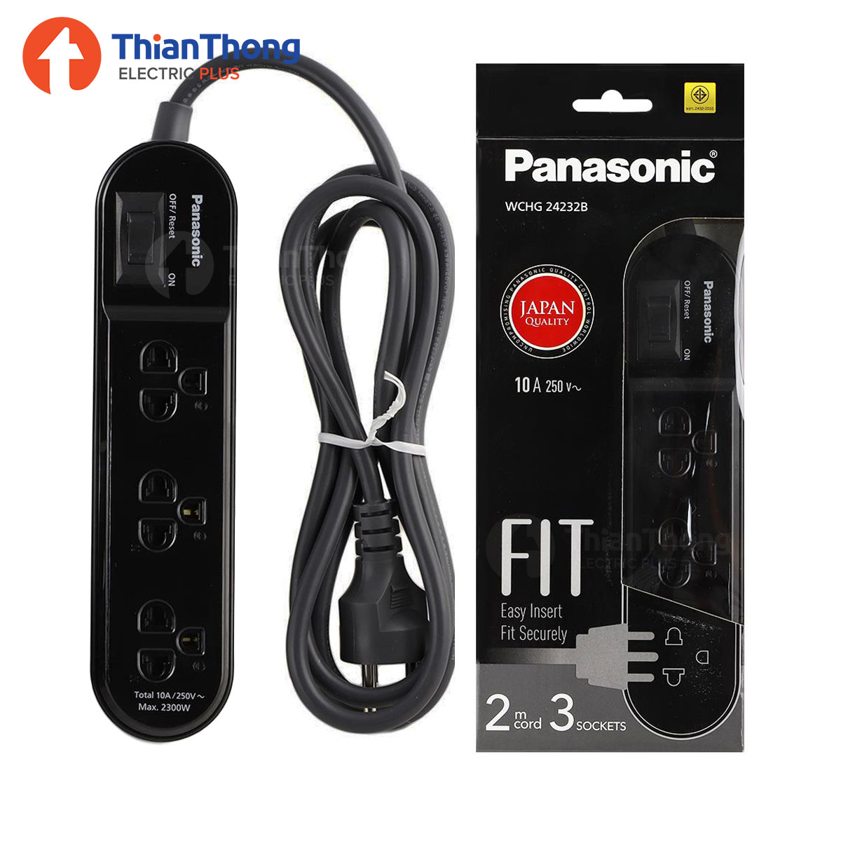 Panasonic ปลั๊กพ่วง 1 สวิตช์ 3 ช่องเสียบ พานาโซนิค Power strip 3 outlets 1 switch สาย 2 เมตร WCHG24232B สีดำ