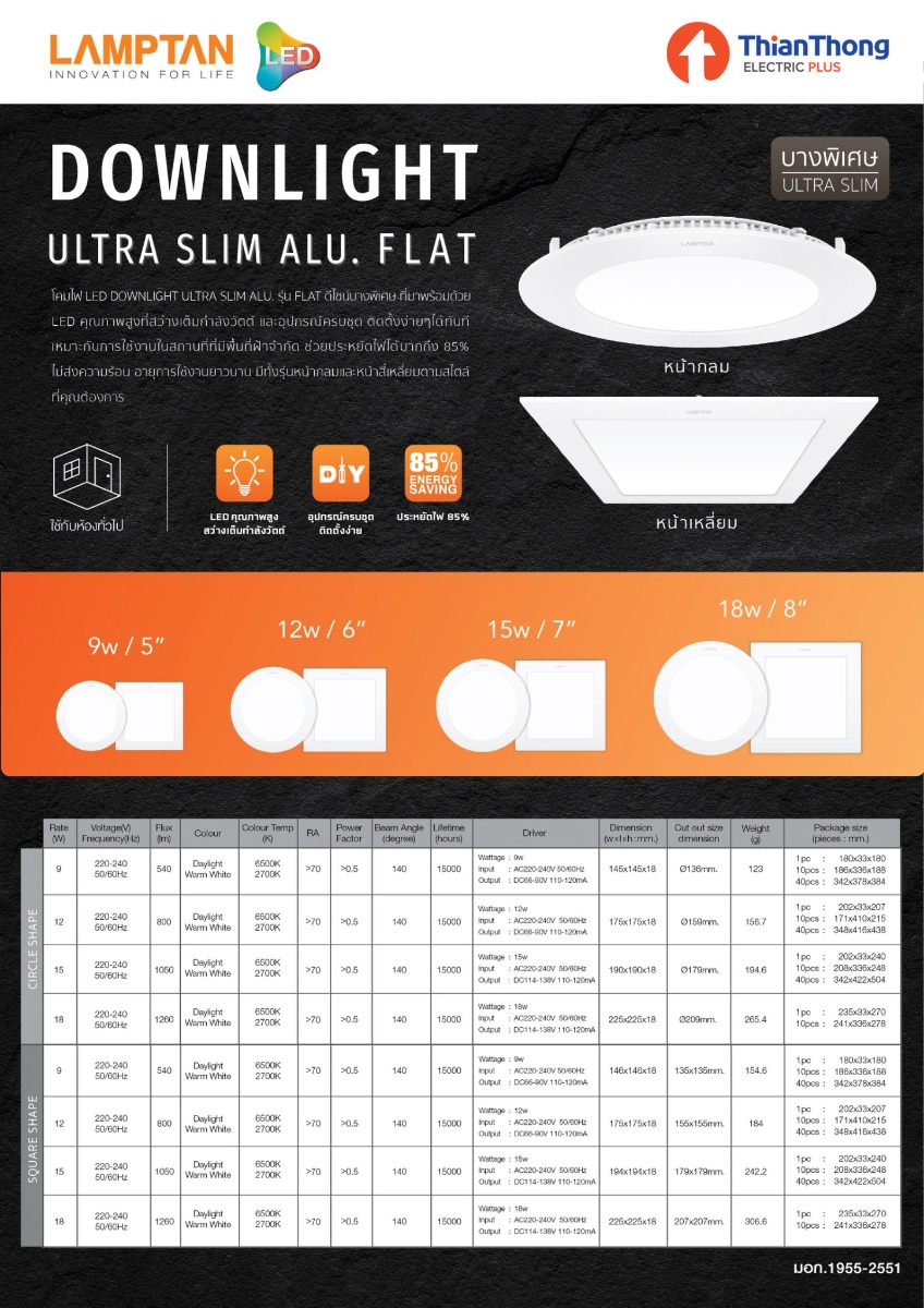 Lamptan โคมไฟดาวน์ไลท์ พาแนลกลม แลมป์ตั้น LED Panel Downlight Ultra Slim Circle 12W 7 นิ้ว