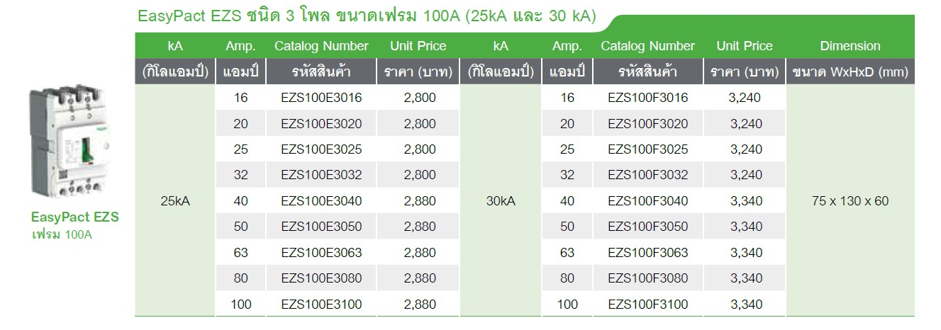 Schneider เซอร์กิตเบรกเกอร์ ชไนเดอร์ Circuit breaker Easypact EZS 3 Pole EZS100E 25kA 50A-100A