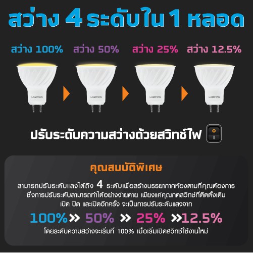 Lamptan หลอดไฟ MR16 ปรับความสว่างได้ 4 ระดับ แลมป์ตั้น MR16 Dim Switch 7W 220V Warm White 2700K