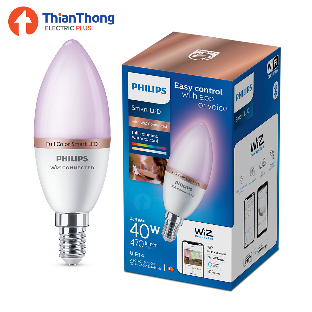 PHILIPS WIZ หลอดไฟจำปาอัจฉริยะ ปรับสีได้ 16 ล้านสี ฟิลิปส์ วิช LED Candle Colors/Tunable White 4.9W C37 E14