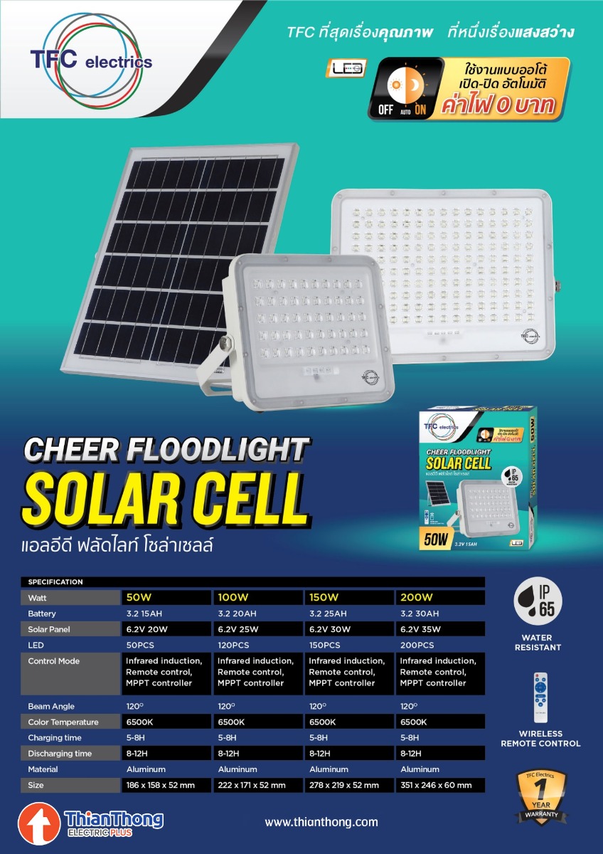 TFC ไฟสปอตไลท์ ฟลัดไลท์พลังงานแสงอาทิตย์ 50W ทีเอฟซี Solar Flood Light LED 50W