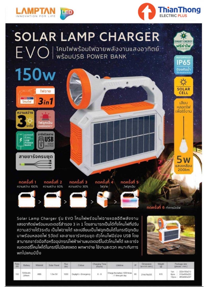 Lamptan ไฟฉายพลังงานแสงอาทิตย์ พร้อม USB POWE BANK 150W Solar Lamp Charger รุ่น EVO 