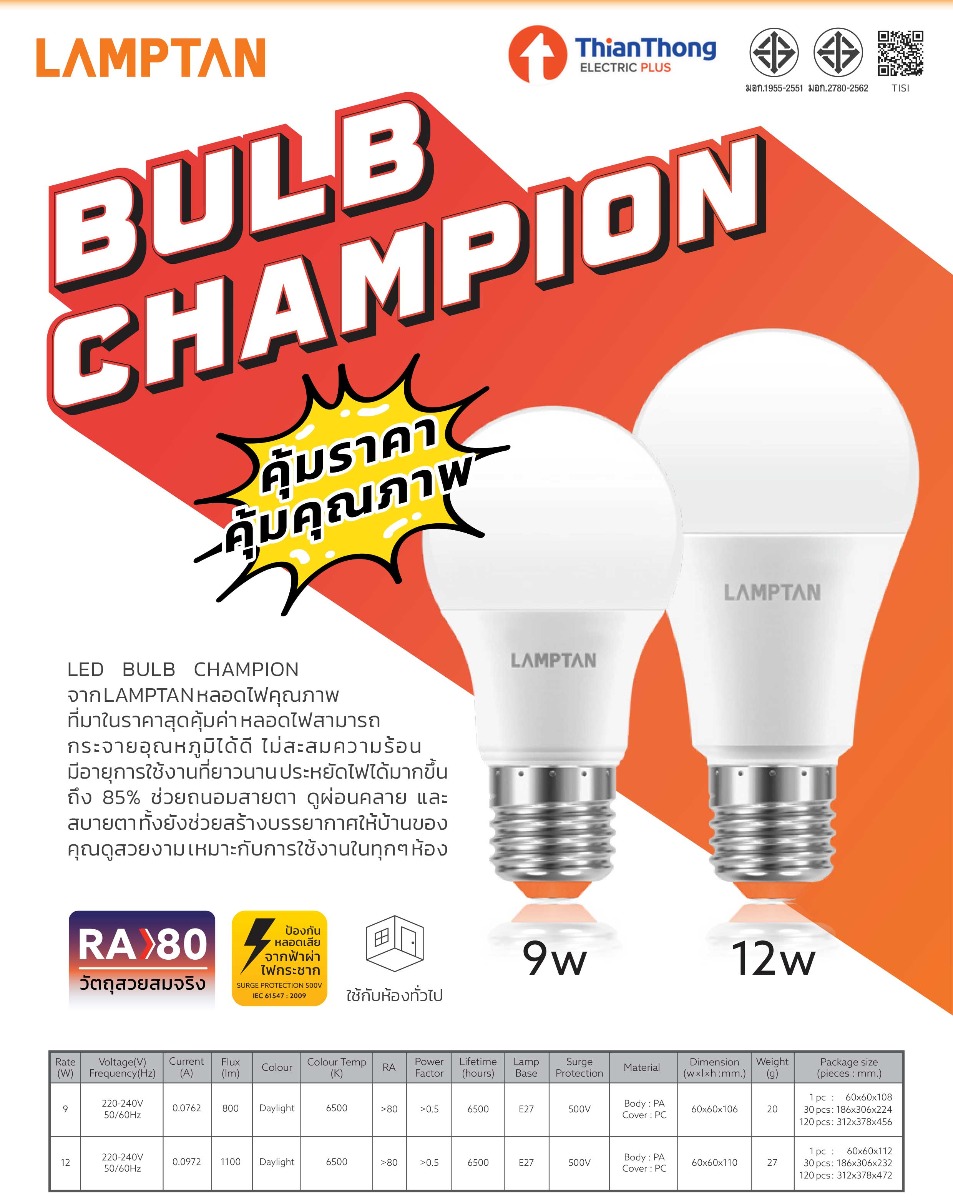 Lamptan หลอดไฟ LED Bulb Champion แลมป์ตัน 9w 12w แสง Daylight