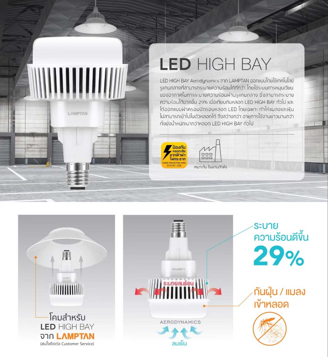 Lamptan หลอดไฟ LED ไฮเบย์ แสงสีขาว แลมป์ตั้น LED High Bay 100W ขั้ว E40 Daylight