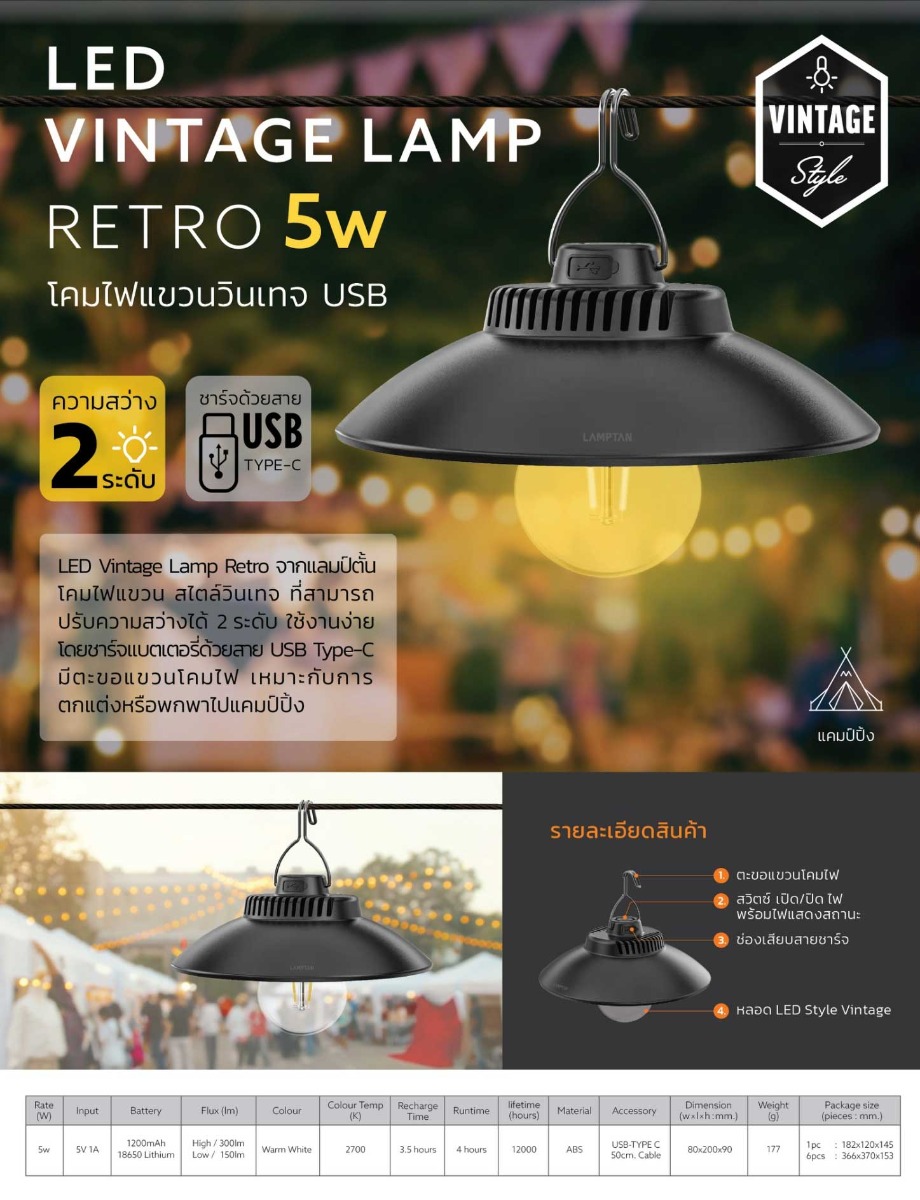 Lamptan โคมไฟแขวน วินเทจ USB แลมป์ตัน LED Vintage Lamp Retro 5W WarmWhite