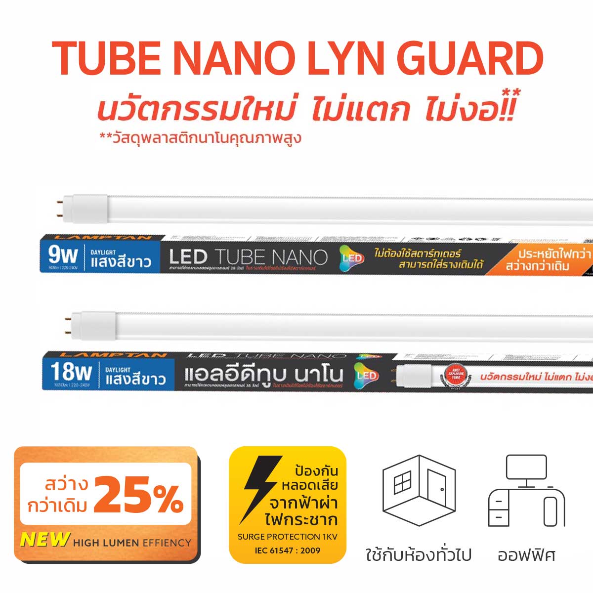 Lamptan หลอดนีออน ไม่แตก ไม่งอ ไฟเข้า 2 ทาง แลมป์ตัน  LED Tube Nano Lyn-Guard 9W Daylight