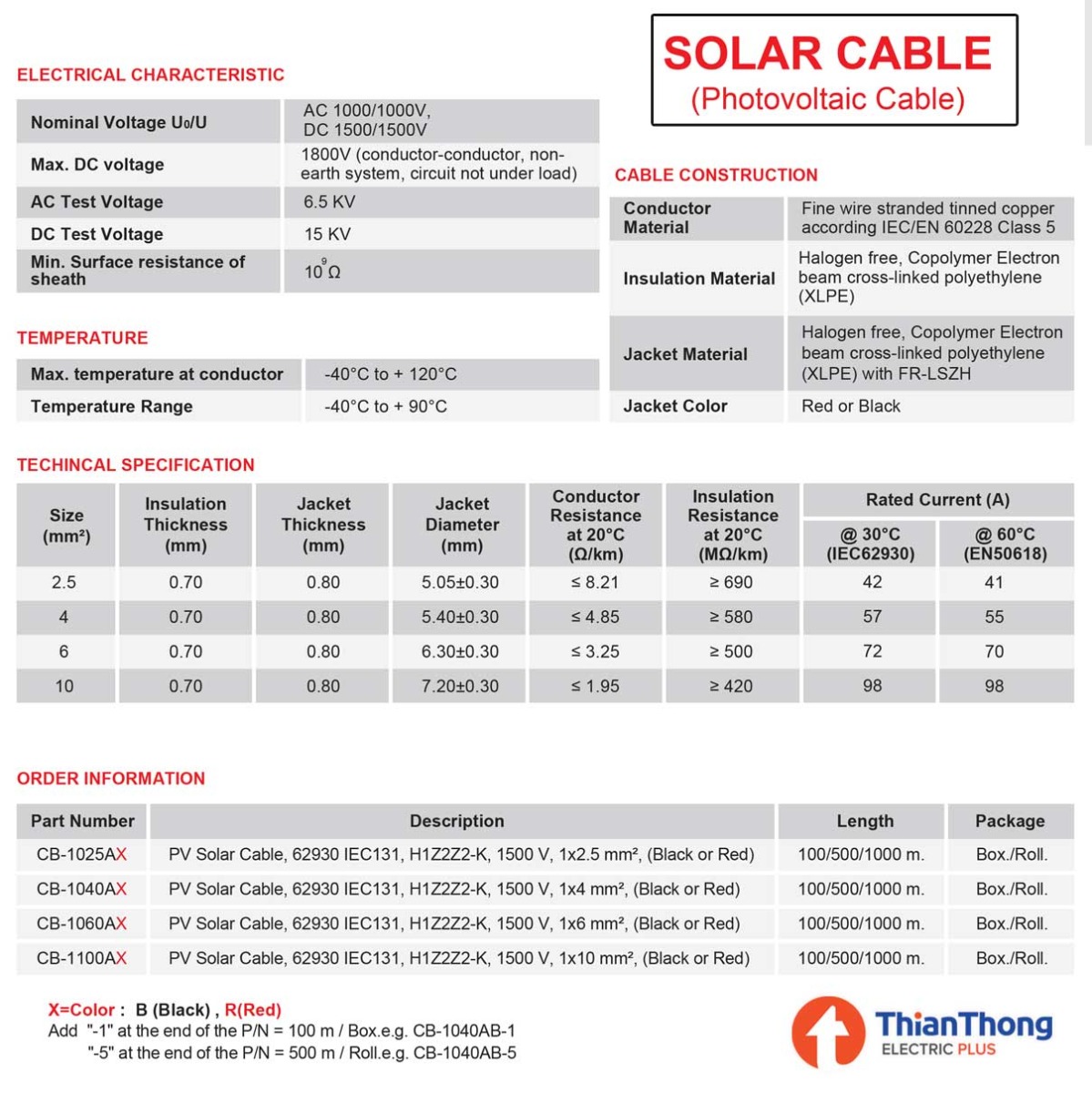 Link PV Solar Cable สายไฟโซลาเซลล์ 4 mm² (100m/Box) CB-1040AX