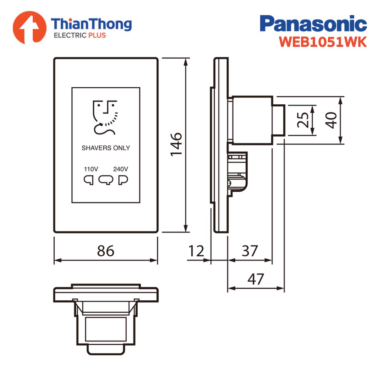 Panasonic เต้ารับเครื่องโกนหนวด พานาโซนิค Shaver Receptacle socket WEB1051WK รุ่น Full-Color Wide for Hotel