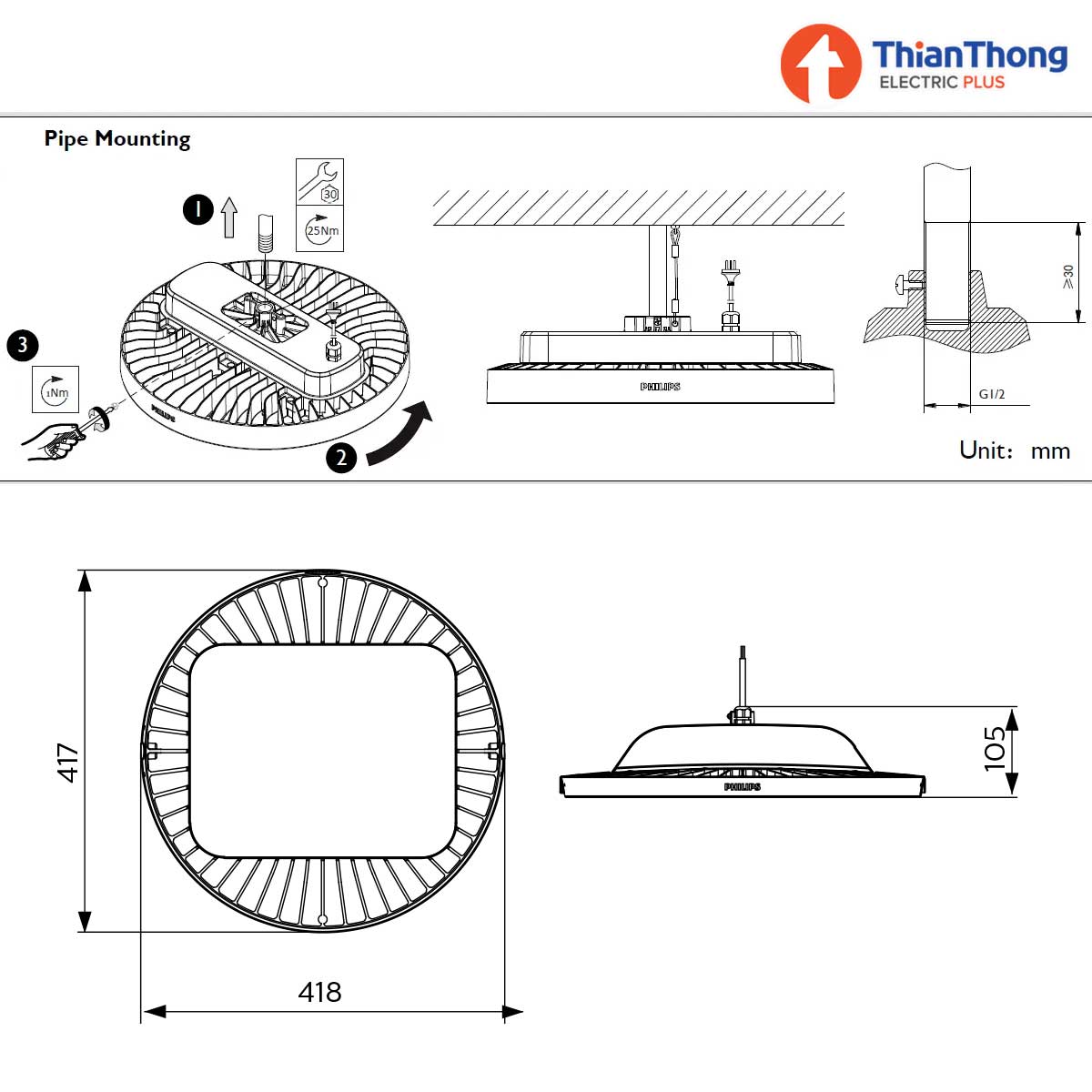 Philips โคมไฟไฮเบย์ แอลอีดี ฟิลิปส์ GreenPerform Highbay G3 BY698P LED160 - 120W แสงขาว