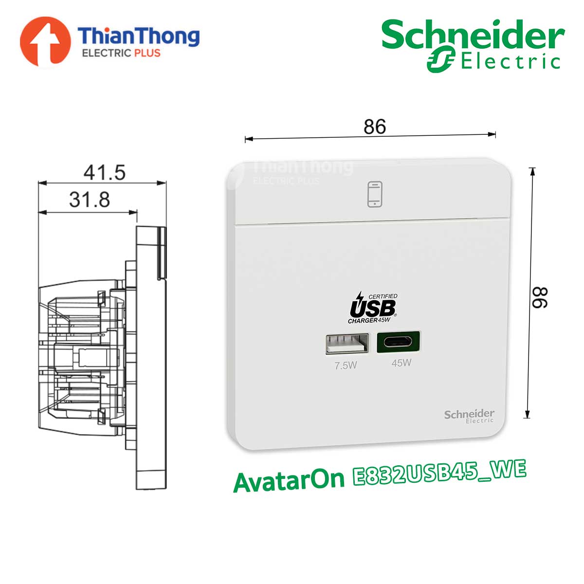 Schneider เต้ารับ USB Type A+C 45w ชไนเดอร์ USB chargers Type A+C สีขาว E8315USB_WE รุ่น AvatarOn