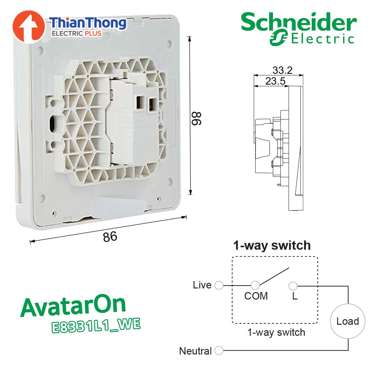 Schneider ชุดสวิตช์2เดียว 1 ช่อง ชไนเดอร์ switch 2 way สีขาว E8331L2_WE_G5 รุ่น AvatarOn