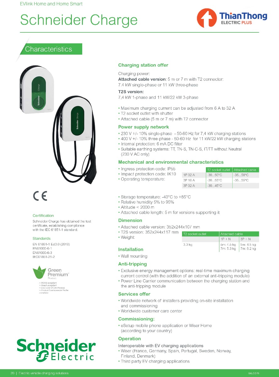 Schneider เครื่องชาร์จรถยนต์ไฟฟ้า EV Charger 7.4kW 32A ชไนเดอร์ EVH5A07N2C5