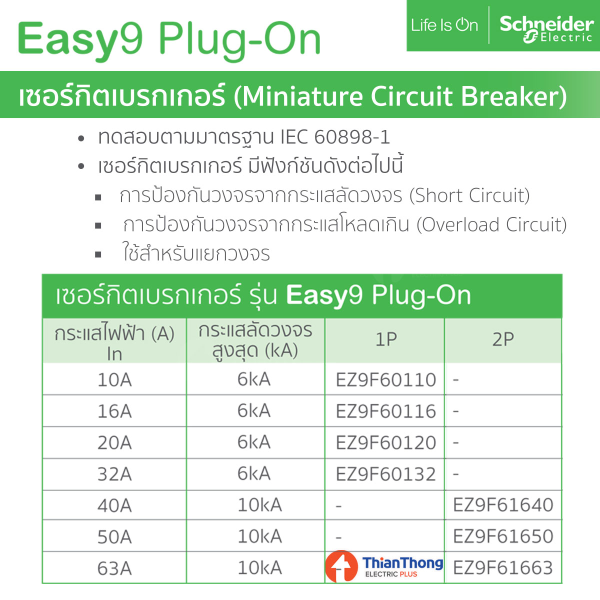 Schneider ลูกเซอร์กิตเบรกเกอร์ ลูกย่อย MCB 1P 6kA ชไนเดอร์ รุ่น Easy9 Plug-On 6kA 10A 16A 20A 32A