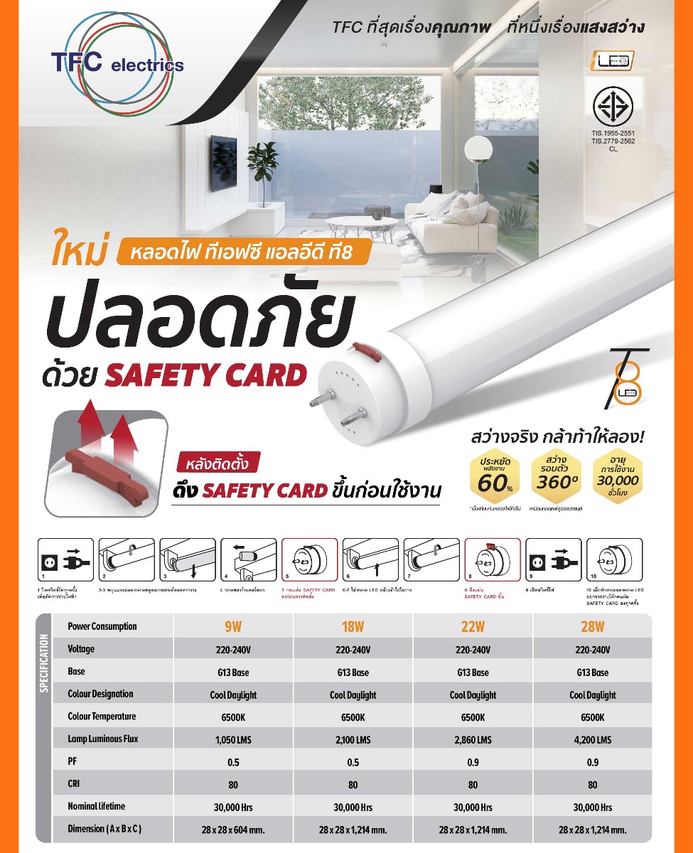 TFC LED Tube T8 360 นีออนทีเอฟซี แอลอีดี 18W รุ่นประหยัด 1200mm (ลัง 25 ดวง)