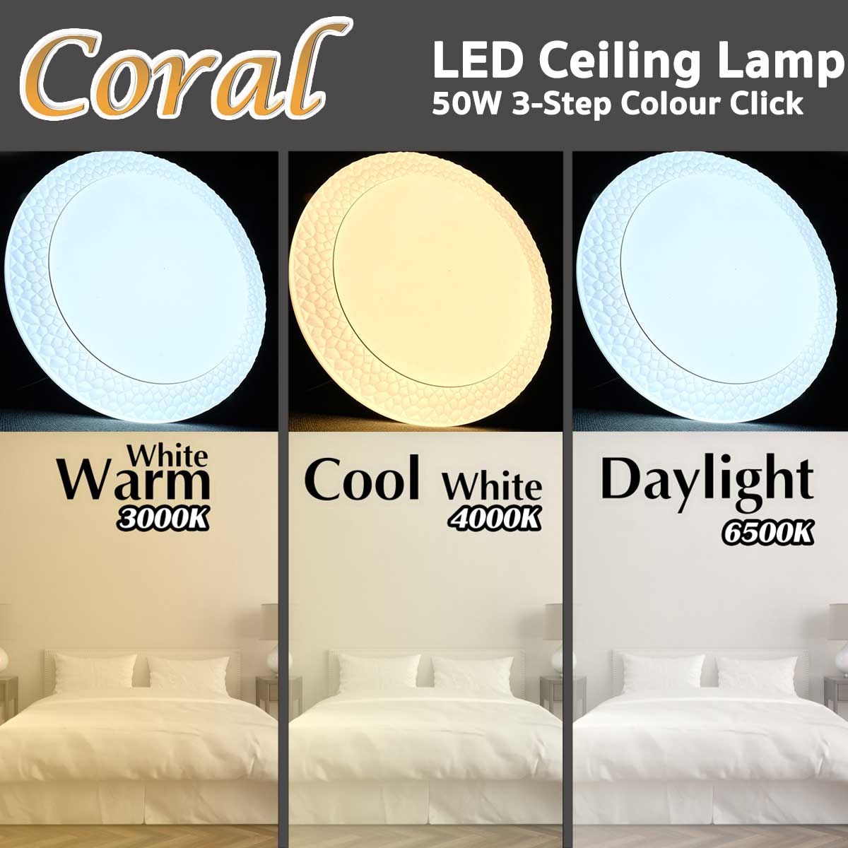 Toshiba Shining โคมไฟเพดาน 3 แสง ในโคมเดียว LED Ceiling Lamp Coral 50W 3-Step Colour Click