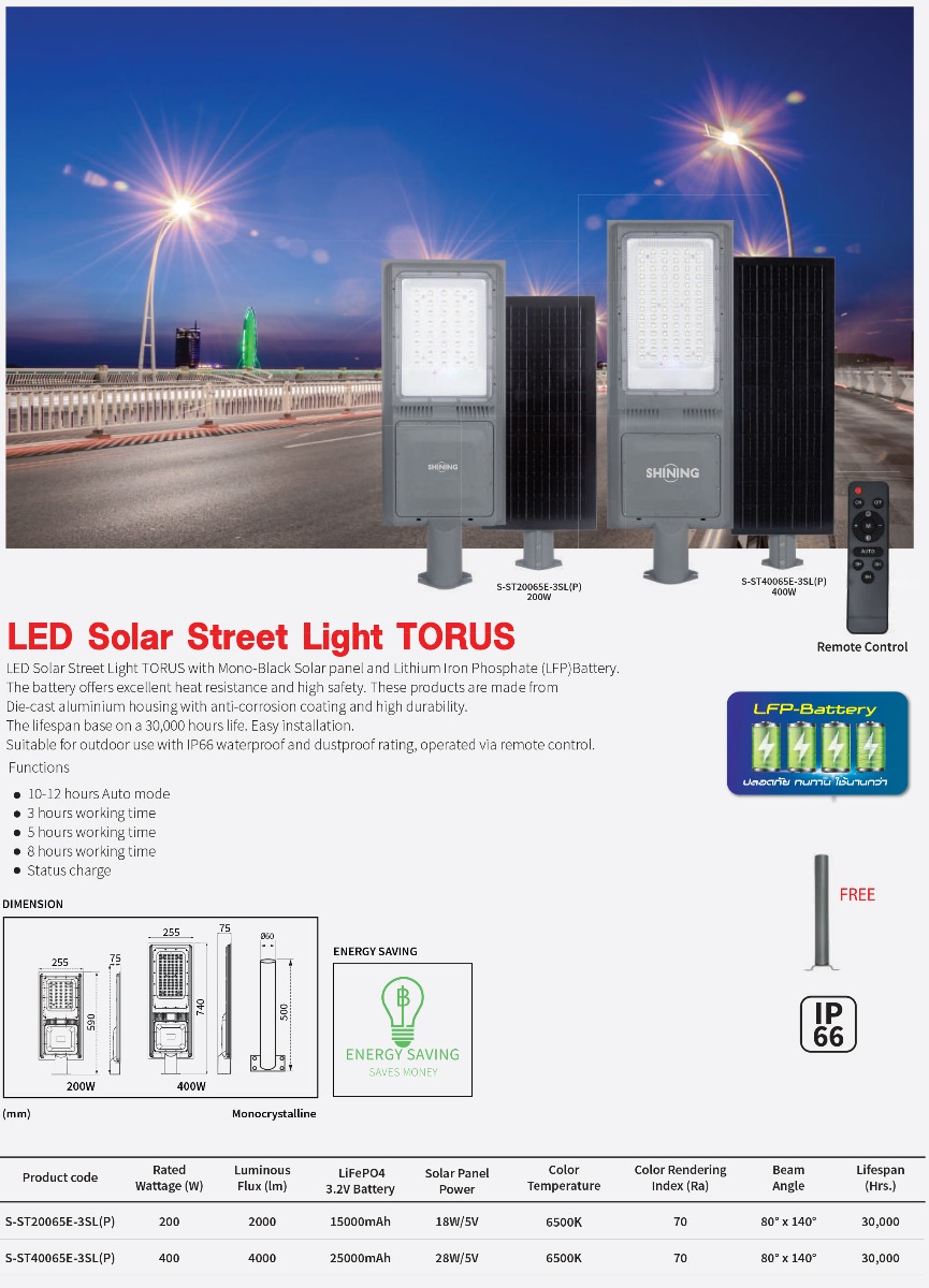 Toshiba Shining โคมไฟถนนโซล่าเซลล์ พลังงานแสงอาทิตย์ รุ่น ทอรัส พร้อมรีโมท โตชิบา ชายนิ่ง LED Solar Street Light TORUS