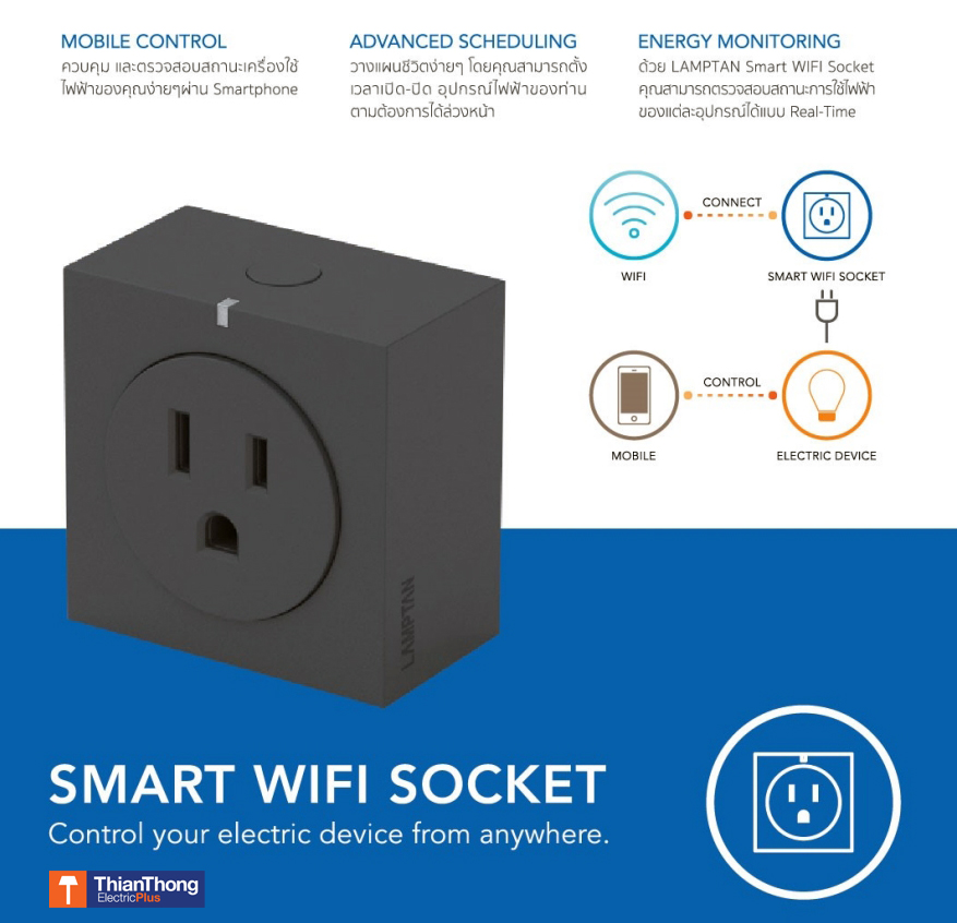 Lamptan ปลั๊กไฟอัจฉริยะ ควบคุมผ่านอินเตอร์เน็ตไร้สาย แลมป์ตั้น Smart Home Wifi Socket - Smart Socket