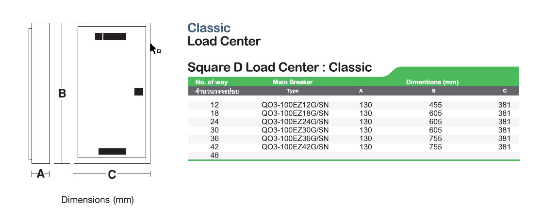 Schneider ตู้โหลดเซนเตอร์ สแควร์ดี คลาสสิค แบบเมนเซอร์กิตเบรกเกอร์ Square D Classic Load Center 12 Ways 100A 25kA QO3-100EZ12G/SN