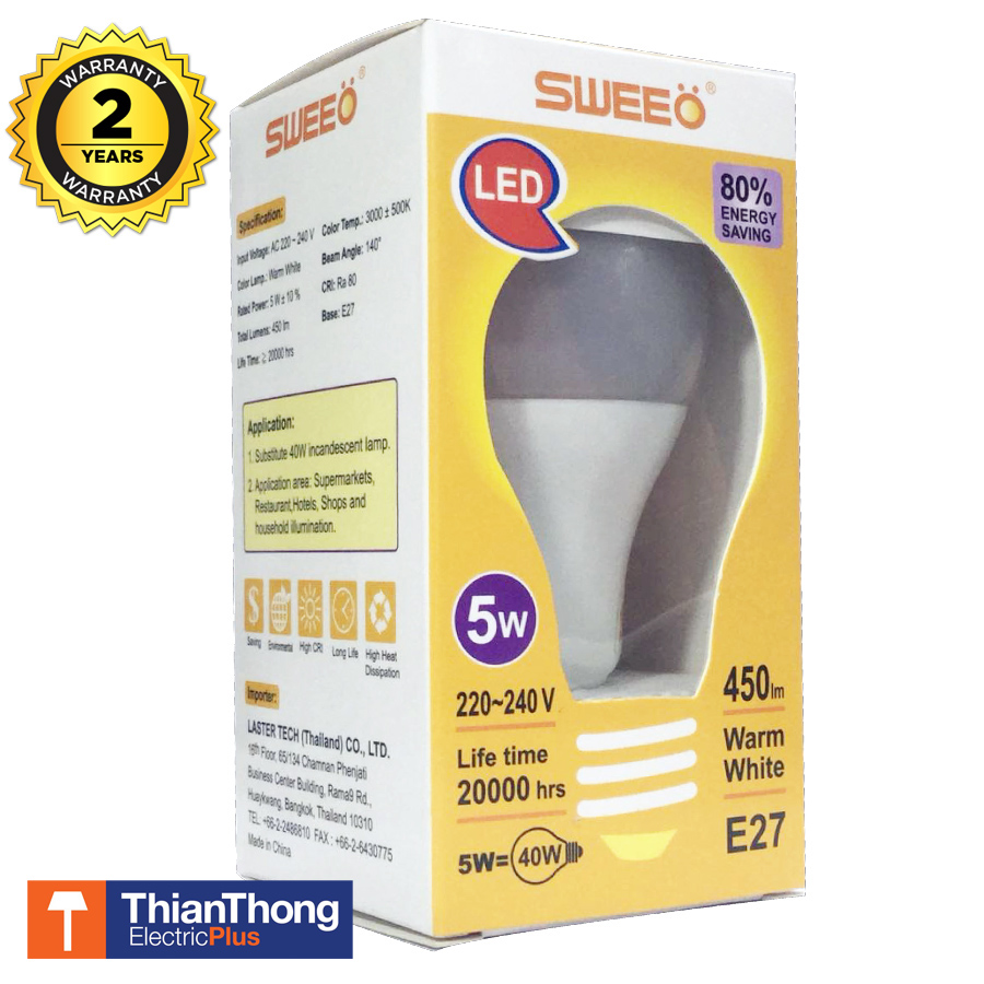 Sweeo หลอดไฟสวีโอ LED Bulb 5W E27 แสงเหลืองนวล Warm White 3000k