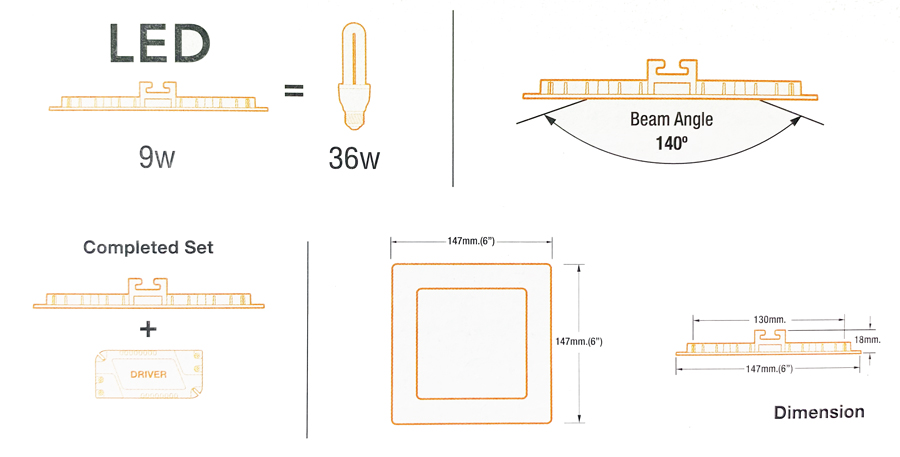 Lamptan ดาวน์ไลท์ เหลี่ยม แลปม์ตั้น LED Panel Downlight Square 6" 9W Daylight / Warm White