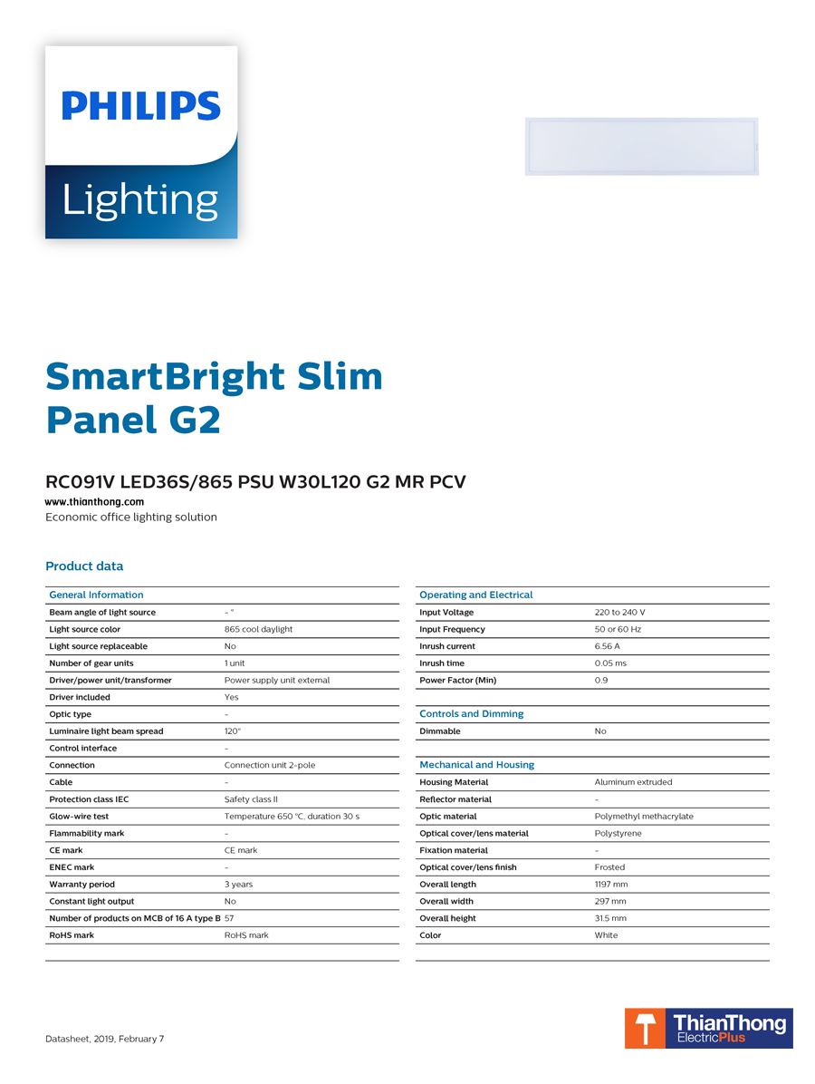 Philips SmartBright LED Slim Panel Light  โคมไฟฟิลิปส์ ติด แขวนฝ้า สมาร์ทไบร์ท สลิม พาแนล RC091V 40W ขนาด 30x120