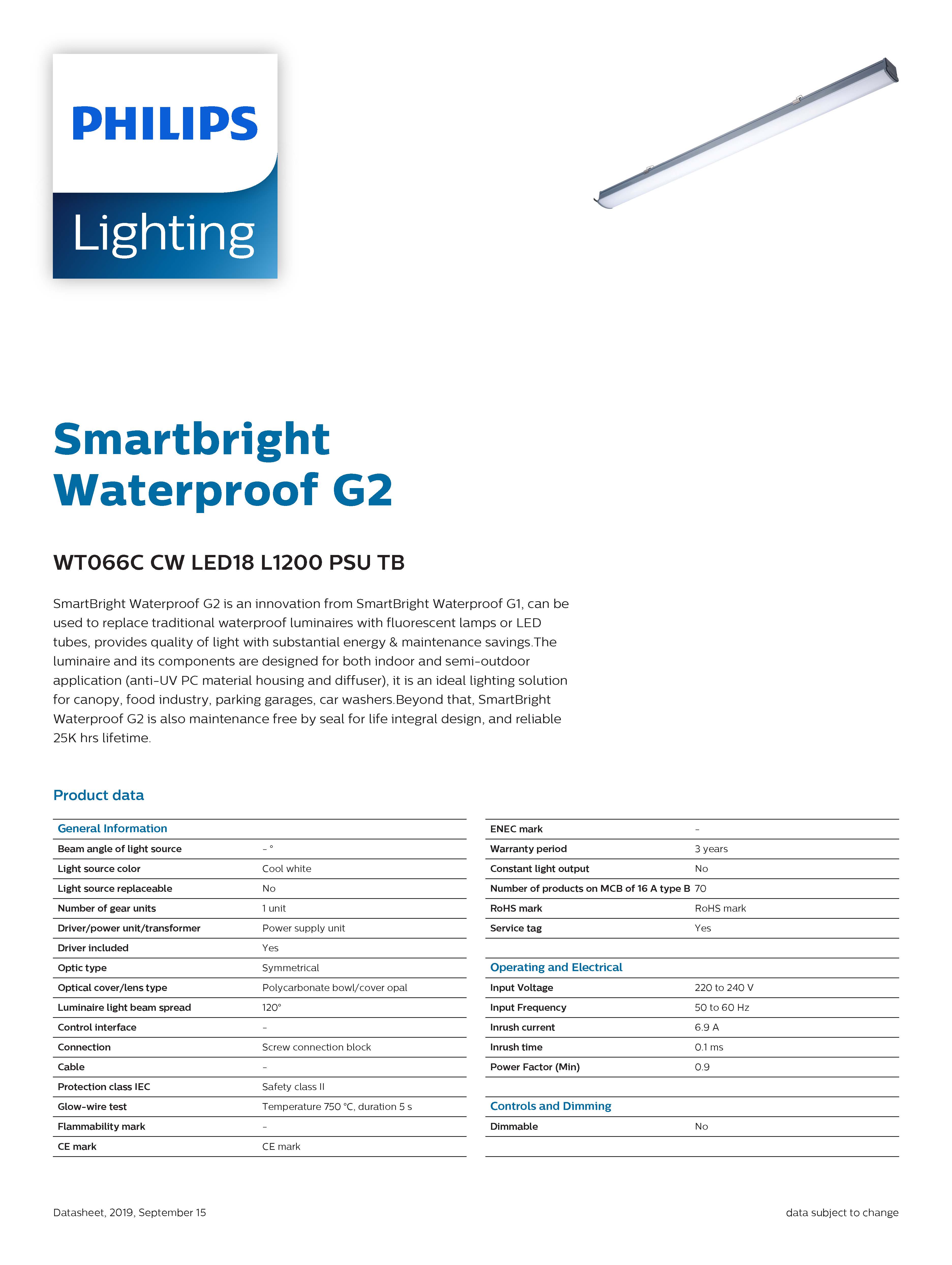 Philips โคมกันน้ำกันฝุ่น ฟิลิปส์ SmartBright Waterproof G2 WT066C LED 18W 1200mm 