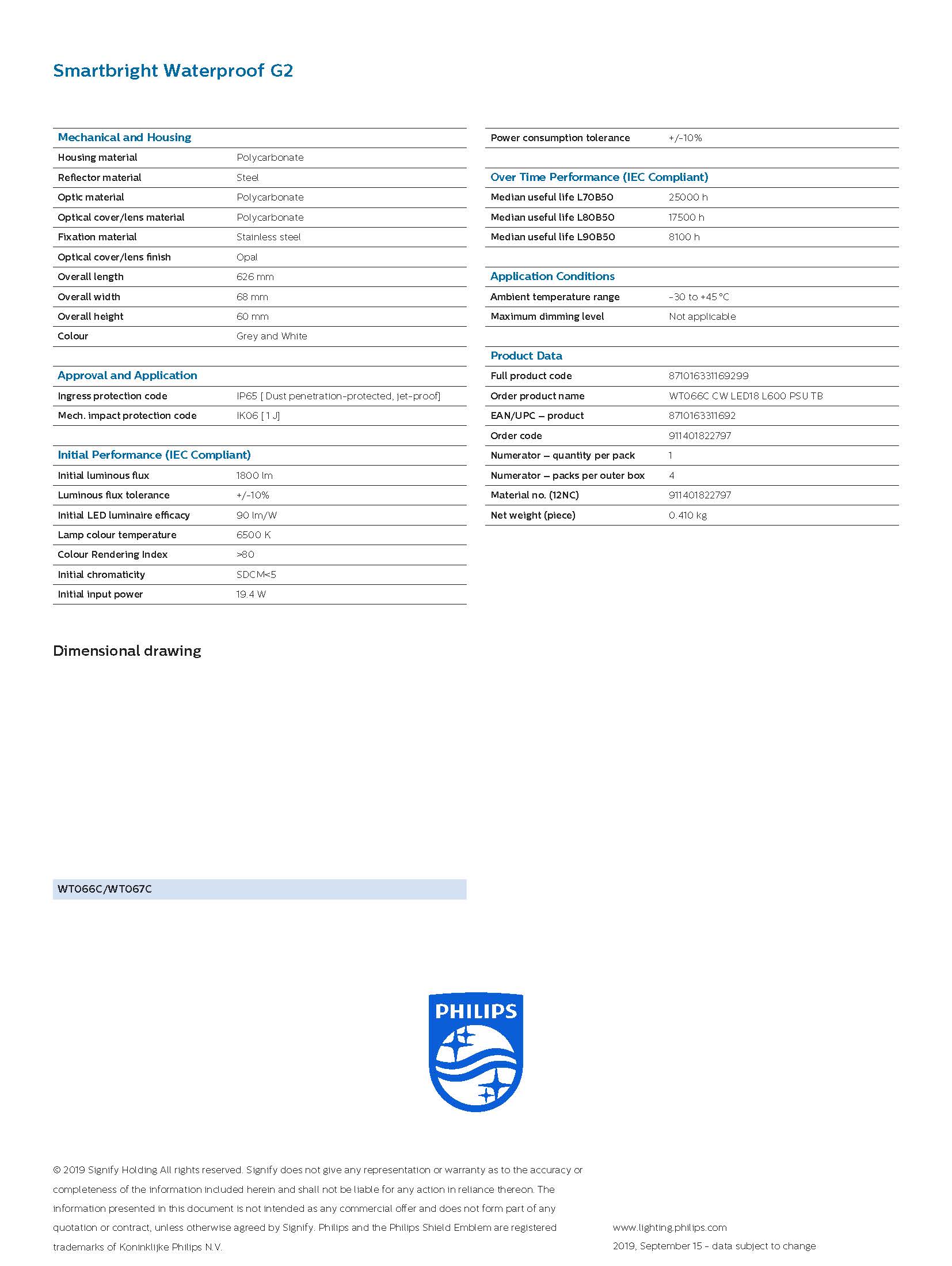 Philips โคมกันน้ำกันฝุ่น ฟิลิปส์ SmartBright Waterproof G2 WT066C LED 18W 600 mm 