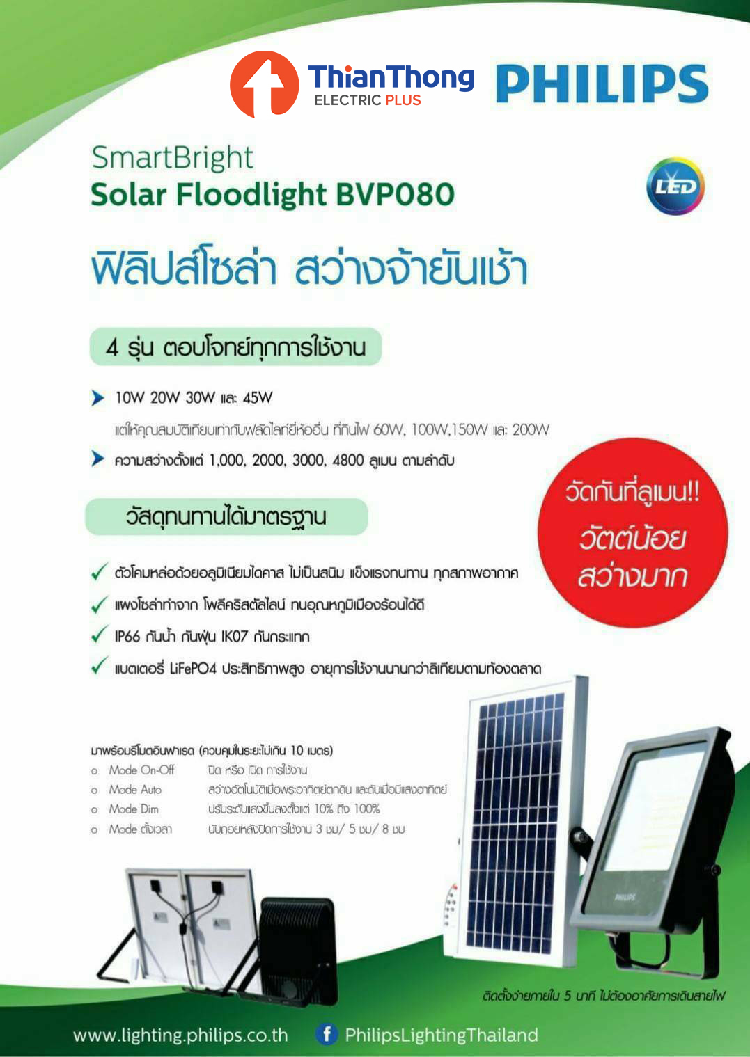 Philips ไฟสปอทไลท์ ฟลัดไลท์พลังงานแสงอาทิตย์ ฟิลิปส์ SmartBright Solar Flood Light LED BVP080 30W 5700K Daylight