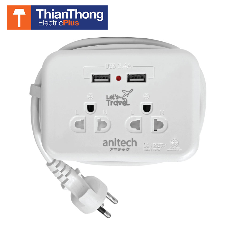 Anitech ปลั๊กไฟมาตรฐาน มอก. 2 ช่องเสียบ 2 USB แอนิเทค Travel plug 2 Input 2 USB - H9022 