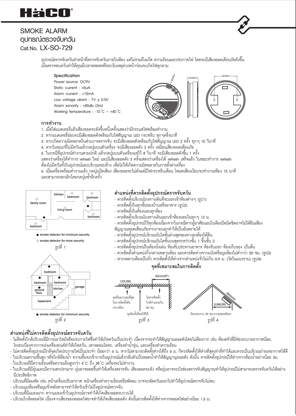 Haco อุปกรณ์ตรวจจับควัน สีขาว ฮาโก้  Smoke alarm IP20 LX-SO-729