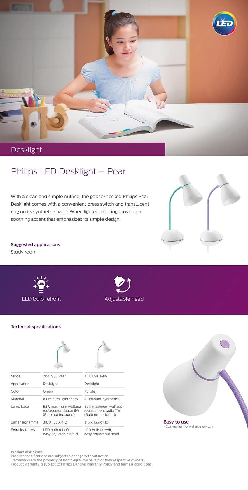 Philips โคมไฟอ่านหนังสือ รุ่น 71567 PEAR (สีม่วง) 