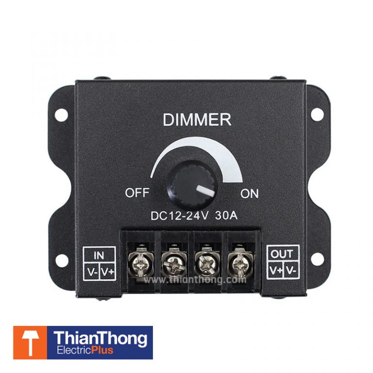 Feature – Compatible with DC 12V and 24V LED light application, single channel dimming controller for single color LED strip lights. – Max. Current rated at 30A, that is 360W DC12V and 720W DC24V. – 100% ­- o% full range dimming capability and smooth dimming experience with rotatory knob, also works as ON/OFF switch. – High quality aluminum housing, heat resisting and shock resistant. – Easy install with the screw-­in input and output terminals, pre-­drilled mounting holes provides for fixed lighting projects  Specification – Item Type: 12 – ­24V 30A Dimmer  – Input voltage: 12 – ­24V  – Current : 0 – ­30A  – Max power :720W  – Color : black material : metal  – Dimension: 85 x 65 x 20 mm  – Application : Single color led strip.